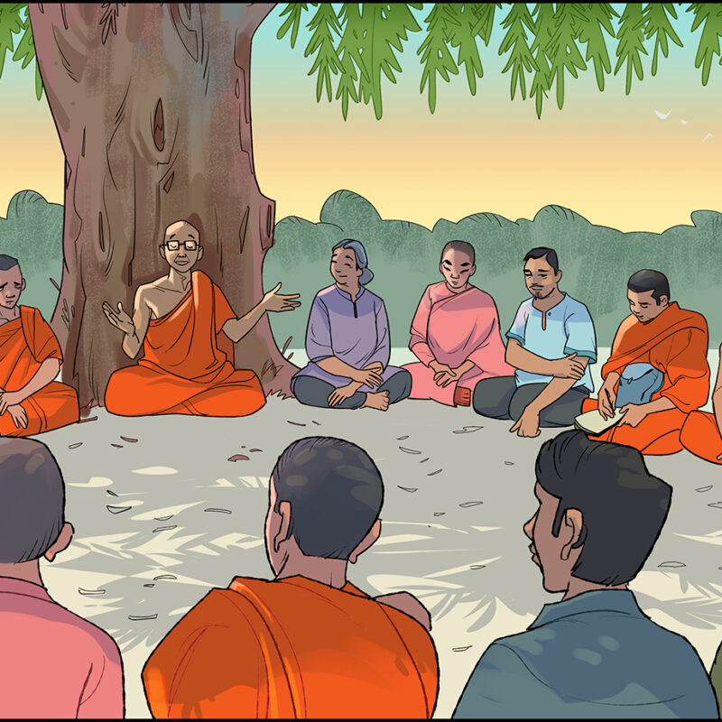 illustration of faith leader in support session with group of people sitting in circle.